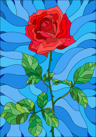 Illustration in stained glass style flower of red rose on a blue backgroundのイラスト素材