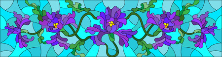 Illustration in stained glass style with flowers, buds and leaves of iris on a blue background, the horizontal orientationのイラスト素材