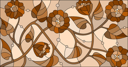Illustration in stained glass style with  flowers,monochrome Sepia, horizontal orientationのイラスト素材