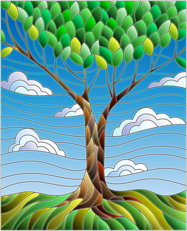 Illustration in stained glass style with tree on sky backgroundのイラスト素材