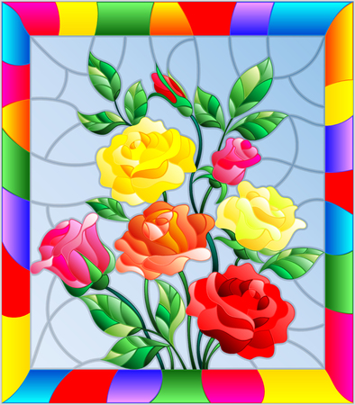 Illustration in stained glass style with flowers, buds and leaves of  roses on a blue background in a bright frameのイラスト素材