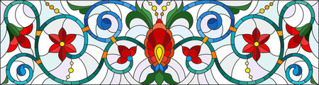 Illustration in stained glass style with abstract  swirls,flowers and leaves  on a light background,horizontal orientationのイラスト素材