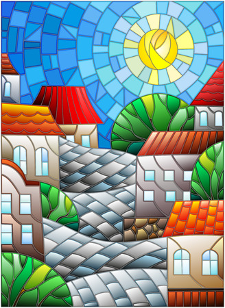 Illustration in stained glass style, urban landscape,roofs and trees against the day sky and sunのイラスト素材