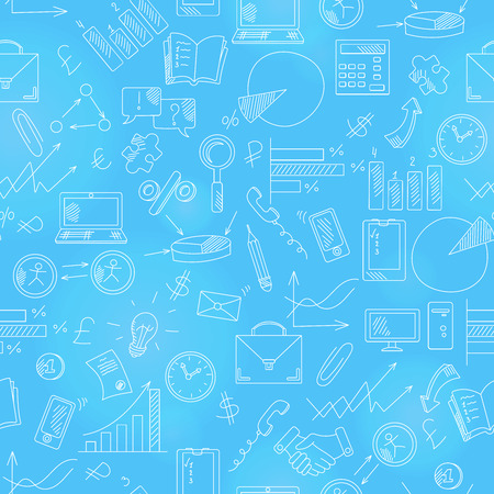 Seamless pattern with simple hand-drawn icons on a theme business, light outline on a blue background. Seamless background on a theme business and earningsのイラスト素材