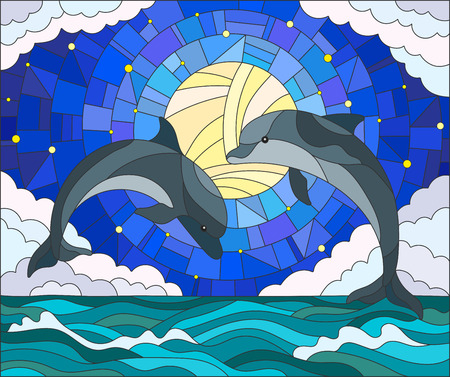llustration in stained glass style with a pair of dolphins on the background of water ,cloud, starry sky and moonのイラスト素材