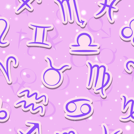 Seamless pattern with zodiac signs and the signs of the planets on the starry purple skyのイラスト素材