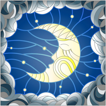 Illustration in stained glass style with the fabulous moon with a face against the sky and cloudsのイラスト素材