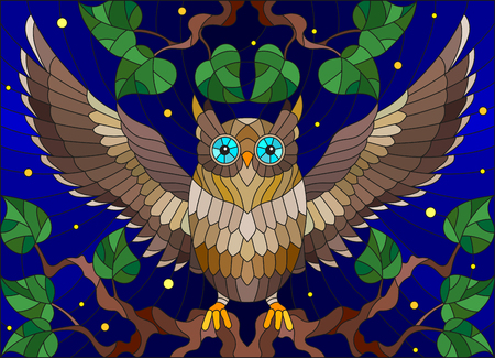 Illustration in stained glass style with fabulous colourful owl sitting on a tree branch.のイラスト素材