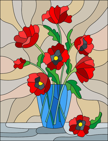 Illustration in stained glass style with bouquets of red poppies flowers in a blue vase on table on beige backgroundのイラスト素材