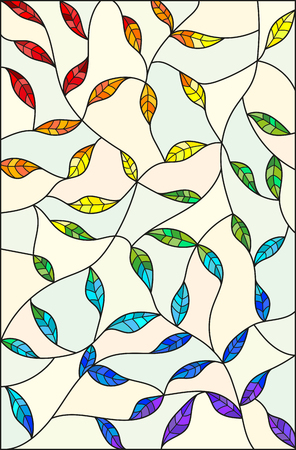 Illustration in the style of stained glass with leaves painted in a rainbow on a light backgroundのイラスト素材