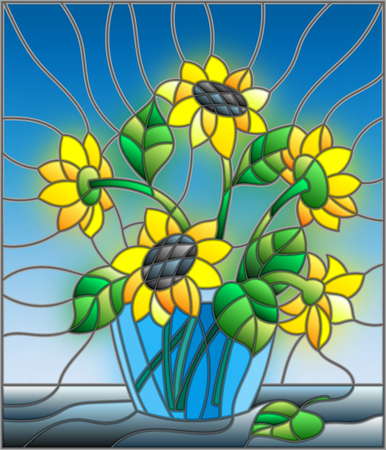 Illustration in stained glass style with bouquets of sunflowers in a blue vase on table on a blue backgroundのイラスト素材