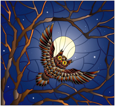 The illustration in stained glass style painting with the owl in the night starry sky and moon in between the branches of the treeのイラスト素材