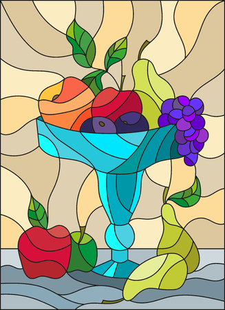 Illustration in stained glass style with still life, fruits and berries in a blue vaseのイラスト素材