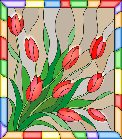 Illustration in stained glass style with a bouquet of red tulipson a beige background in the frameのイラスト素材