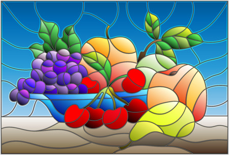 Illustration in stained glass style with still life, fruits and berries in blue bowlのイラスト素材