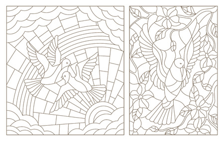 Set contour illustrations of the stained glass Windows with dovesのイラスト素材