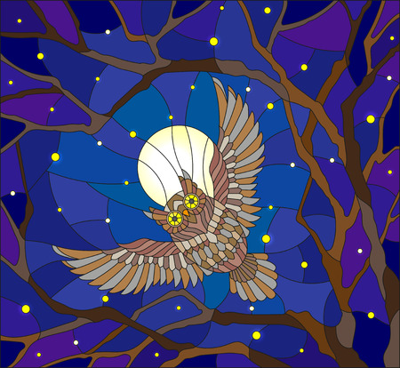 The illustration in stained glass style painting with the owl in the night starry sky and moon in between the branches of the treeのイラスト素材