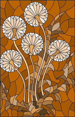 Illustration in stained glass style flower of blowball ,brown tone , Sepia,のイラスト素材