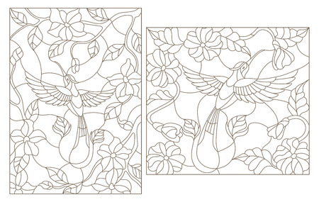 The illustrations in the stained glass style Hummingbird on a background of flowers and leavesのイラスト素材
