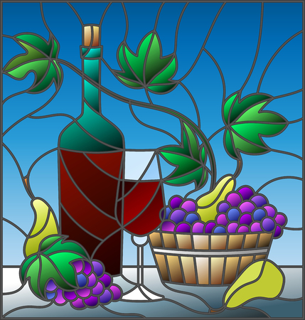 The illustration in stained glass style painting with a still life, a bottle of wine, glass and grapes on a blue backgroundのイラスト素材