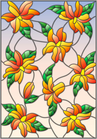 Illustration in the style of stained glass with intertwined lilies and leaves on a sky backgroundのイラスト素材