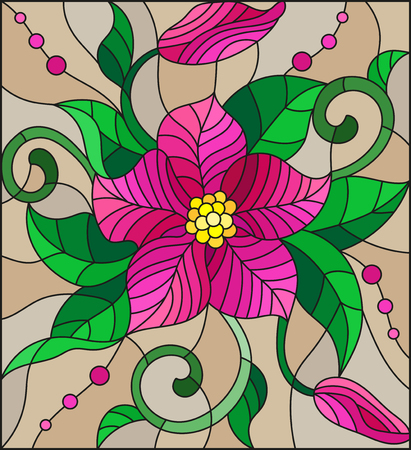 Illustration in stained glass style with abstract pink flower, buds and leaves on a brown background.のイラスト素材