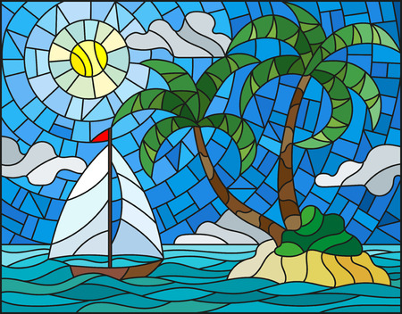 Illustration in stained glass style with the seascape, tropical island with palm trees and a sailboat on a background of ocean , sun and cloudy skyのイラスト素材
