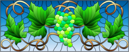 The illustration in stained glass style painting with a bunch of green grapes and leaves on blue backgroundのイラスト素材