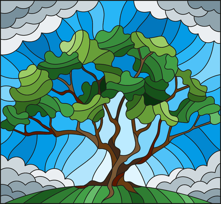 Illustration in stained glass style with tree on cloudy sky backgroundのイラスト素材
