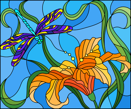 Illustration in stained glass style with bright dragonfly against the sky, foliage and flower of Lilyのイラスト素材