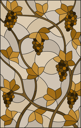 The illustration in stained glass style painting with a bunches of  grapes and leaves ,brown tone, sepia.のイラスト素材