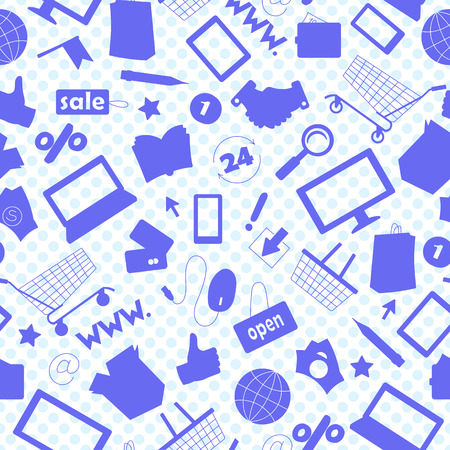 Seamless pattern on the theme of online shopping and Internet shops, blue silhouettes icons on a blue background polka dotのイラスト素材