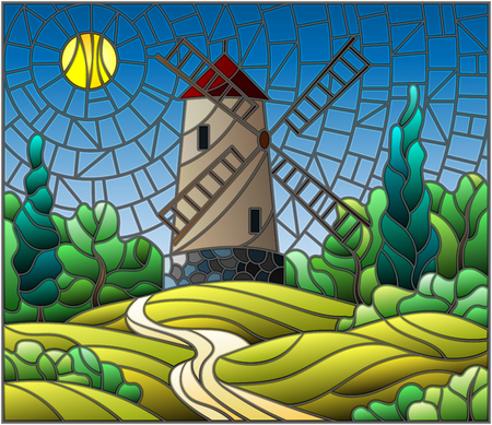 The image in the stained glass style landscape with a  windmill on a background of sky and sunのイラスト素材