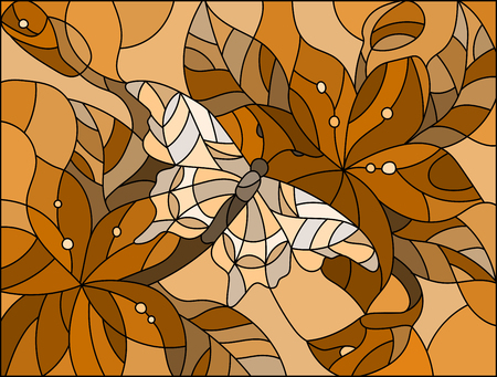 Illustration in stained glass style with  butterfly against the sky, foliage and flowers brown tone, sepiaのイラスト素材