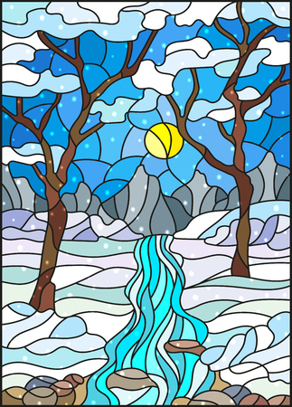 Illustration in stained glass style with a frozen Creek in the background of the  sky, snowy mountains,  trees and fieldsのイラスト素材