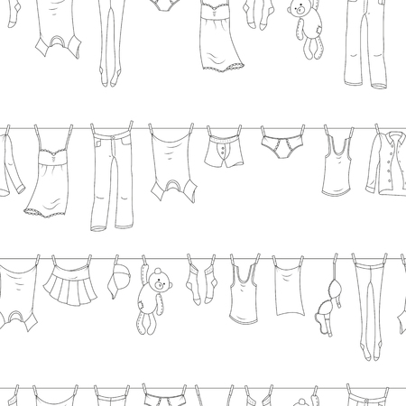 Seamless pattern on the theme of washing and cleanliness, various clothes , a dark contour icons on light backgroundのイラスト素材