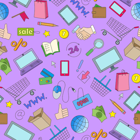 Seamless pattern on the theme of online shopping and Internet stores, the colored icons on purple backgroundのイラスト素材