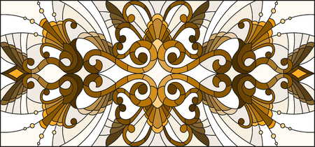 Illustration in stained glass style with abstract  swirls and leaves  on a light background,horizontal orientation, sepiaのイラスト素材