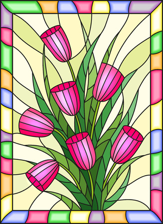 Illustration in stained glass style with a bouquet of pink tulips on a yellow background with bright frameのイラスト素材