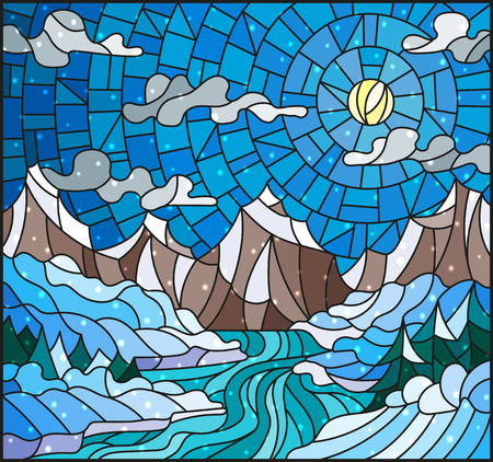 Illustration in stained glass style with a winter landscape, the river against snow-covered coast and mountainsのイラスト素材
