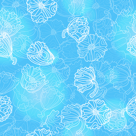 Seamless pattern with flowers and leaves of poppies, light contour plants on a blue backgroundのイラスト素材