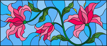 llustration in stained glass style with flowers, leaves and buds of pink lilies on a blue backgroundのイラスト素材