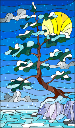 Illustration in stained glass style with snow-covered pine tree on the shore of the frozen riverのイラスト素材