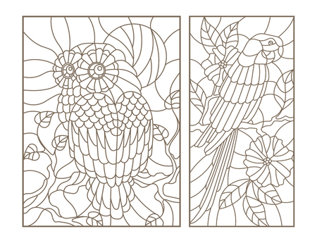 Set contour illustrations of stained glass birds the owl and parrot on the branches of treesのイラスト素材