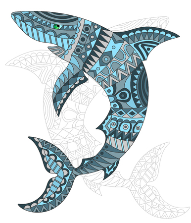 Illustration of abstract fish shark, fish and painted its outline on white background , isolateのイラスト素材