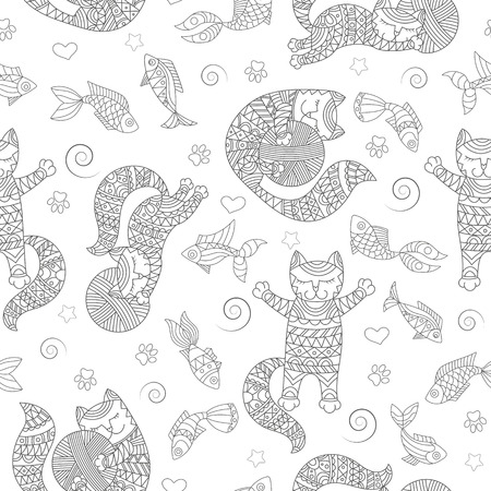 Seamless pattern with funny cats contour, balls and fishes, a dark outline on a light backgroundのイラスト素材