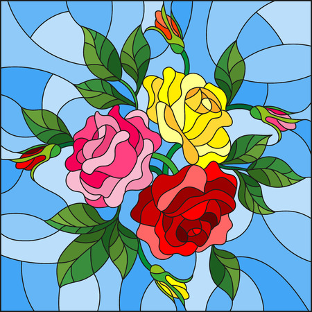 Illustration in stained glass style with flowers, buds and leaves of  roses on a blue backgroundのイラスト素材
