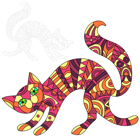 Illustration of abstract red cat, cat and painted its outline on white background , isolateのイラスト素材