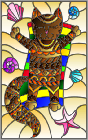 Illustration in stained glass style with a funny cat sunbathing on the sand among shellsのイラスト素材