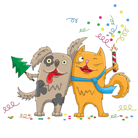 Illustration for new year and Christmas cartoon funny cat and dog hugging , isolated on white backgroundのイラスト素材